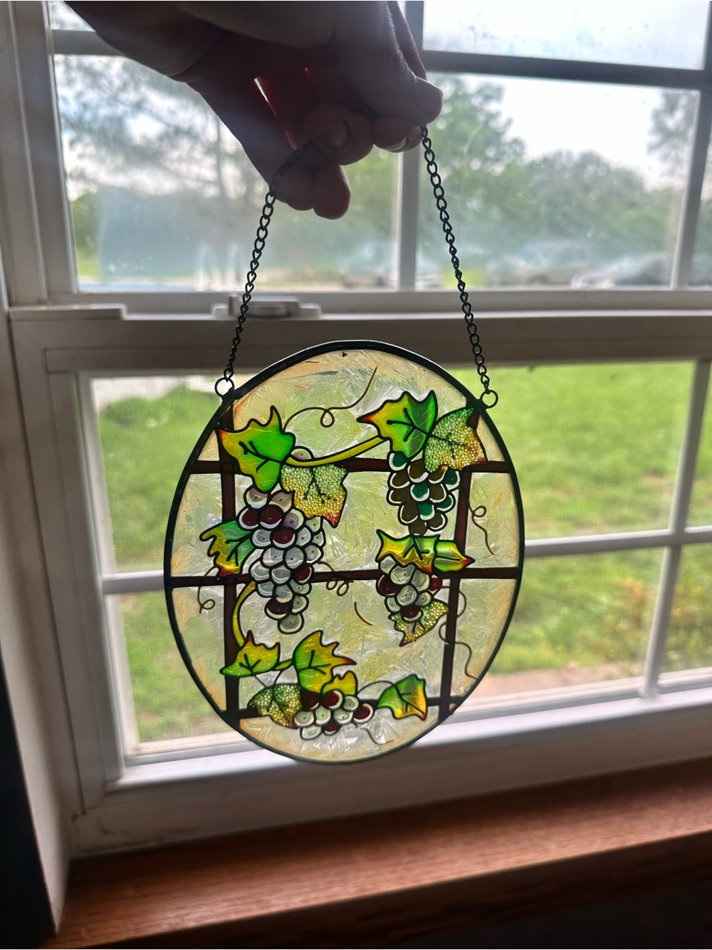 Vintage Stained Glass Grape Vine Suncatcher - Green, yellow, Purple